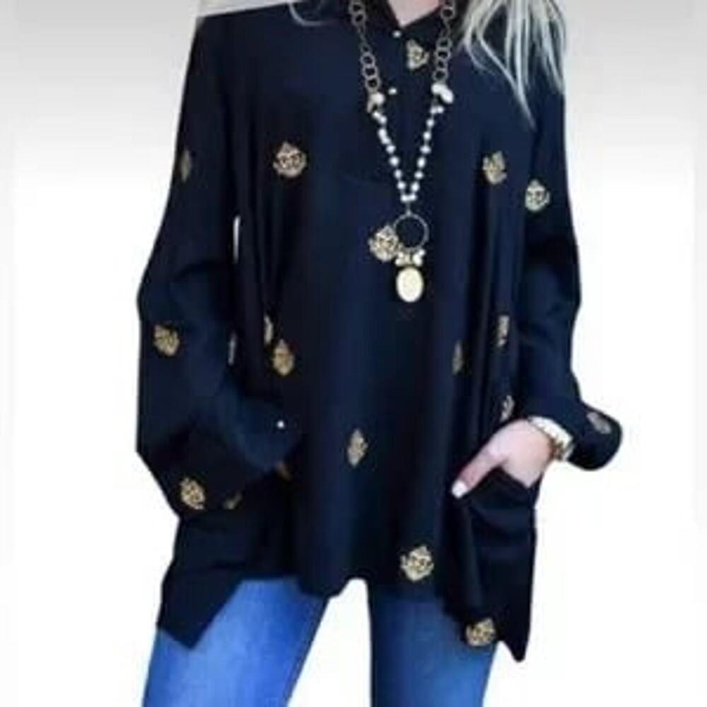 Liza Byrd Black Gold Embroidered Boho Tunic